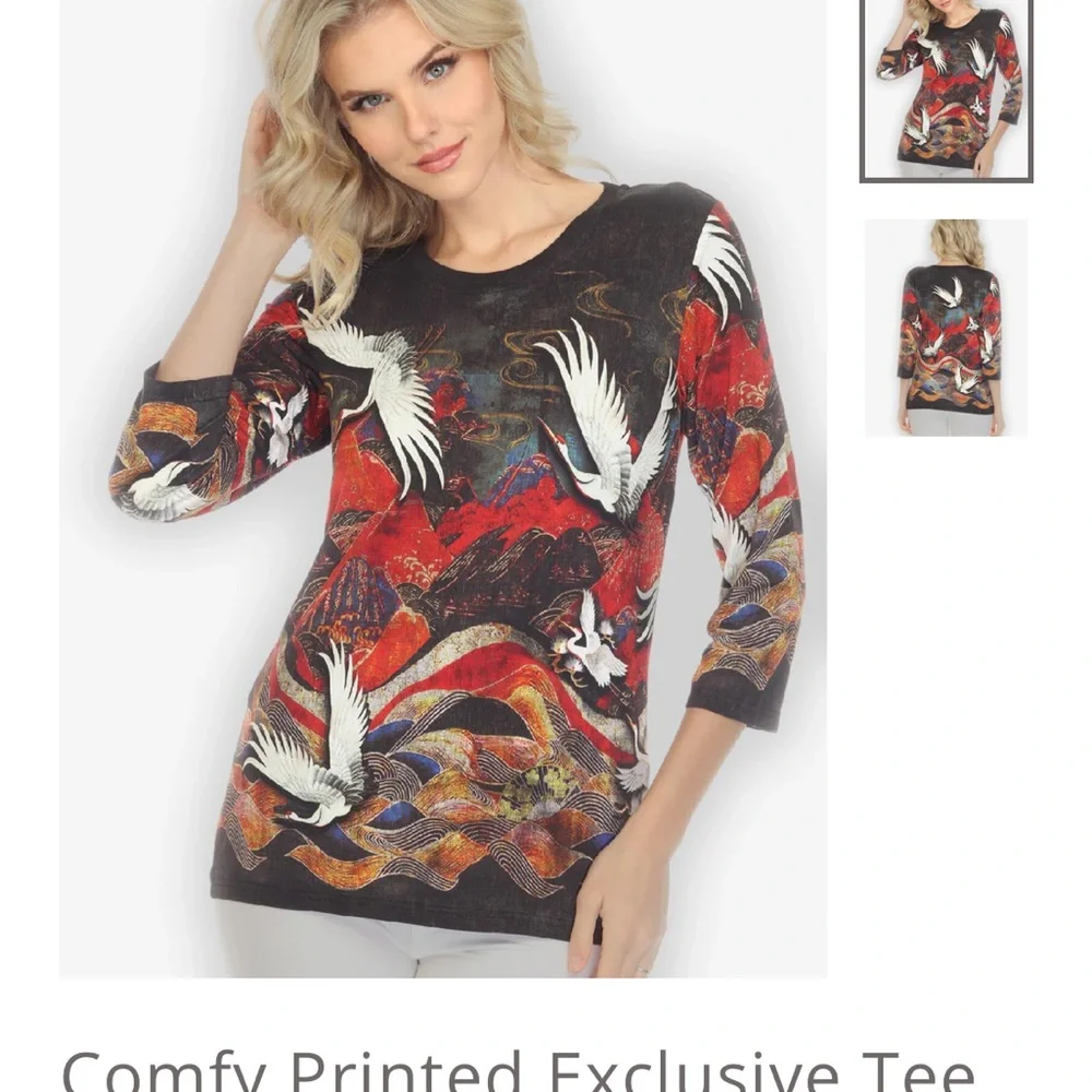 Cotton Colorful Crane Print Tee - Picture 3 of 3